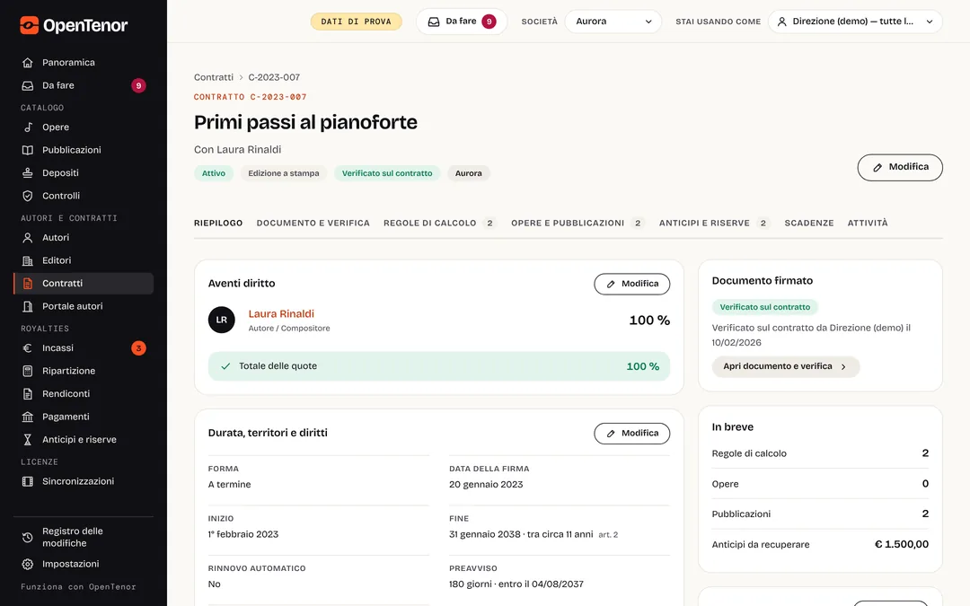 Il contratto C-2023-007 «Primi passi al pianoforte» con Laura Rinaldi: l’avente diritto al 100 %, il documento firmato con il bollino «Verificato sul contratto», la durata e il preavviso.