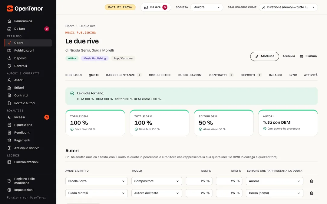 La scheda Quote dell’opera «Le due rive»: il riquadro verde «Le quote tornano», i totali DEM e DRM al 100 %, gli editori al 50 % e la tabella degli autori con l’editore che rappresenta ogni quota.